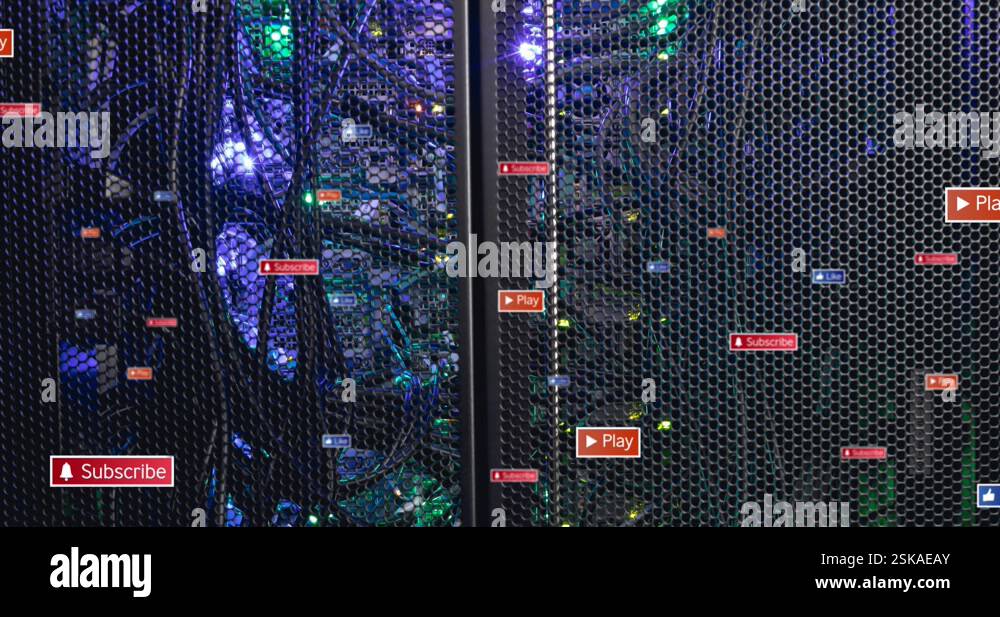 Animation of social media icons against close up of computer server ...
