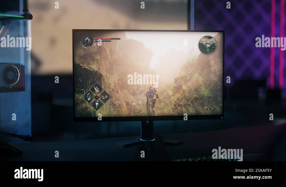 Computer Monitor Shows Mockup Animation Of Playing Fantasy RPG Video ...