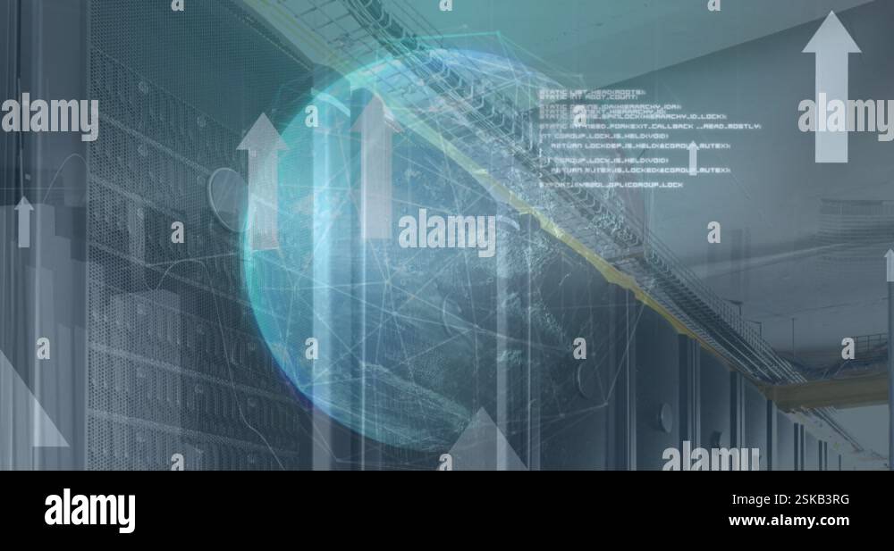 Animation of spinning globe, data processing and arrow icons moving ...