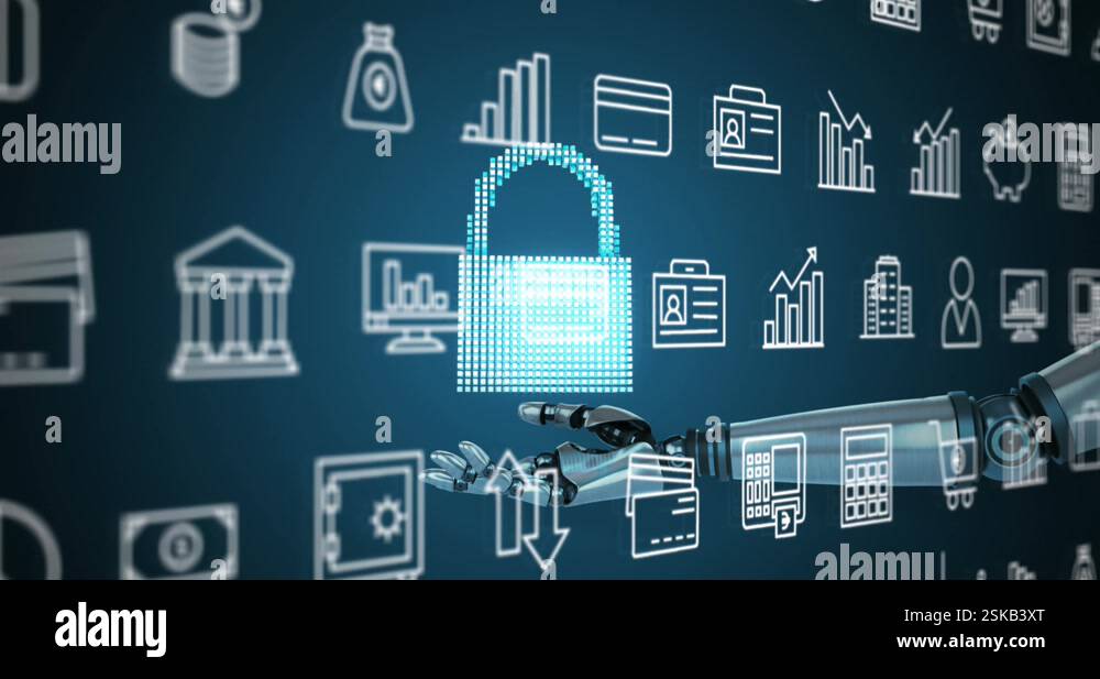 Animation of robot arm with cloud and padlock over financial and ...