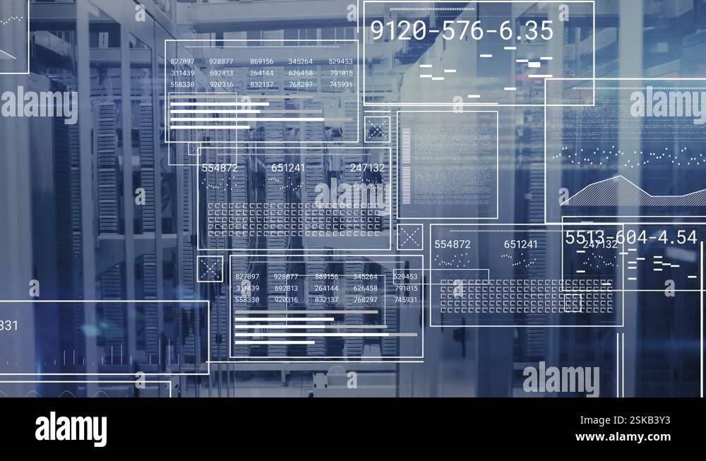 Animation of interface with data processing and light spot against ...