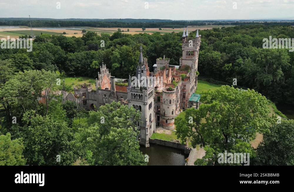 Tilt up shot of old castle in the middle of the forest, Kopice, Poland ...