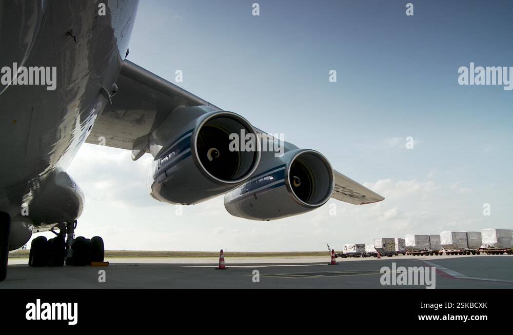Double engine cargo aircraft at Frankfurt airport on a sunny morning ...