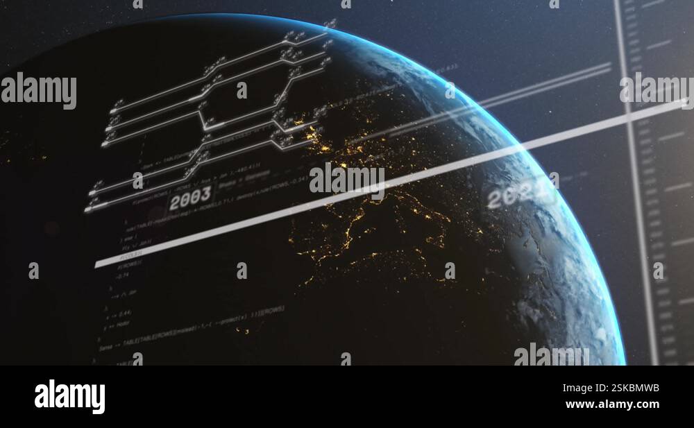 Animation of interface with data processing against spinning globe and ...