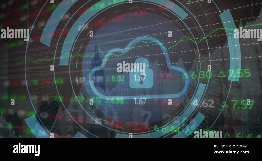 Animation of security padlock and cloud icon against stock market data ...