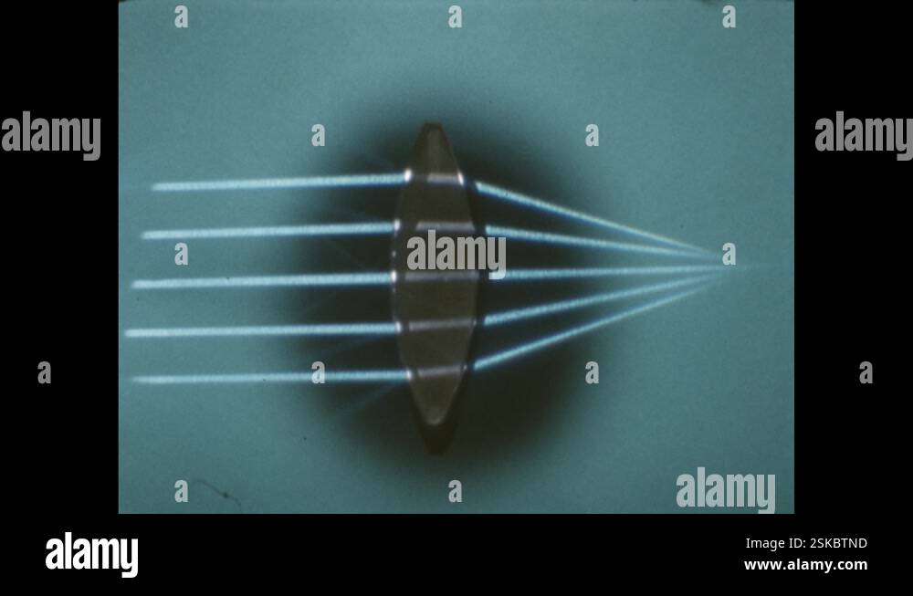 1960s: Light rays passing through convex lens and converging on the ...