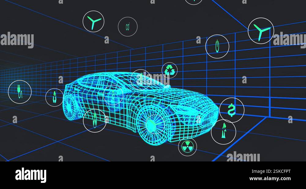 Animation of multiple digital icons over 3d car model moving in ...