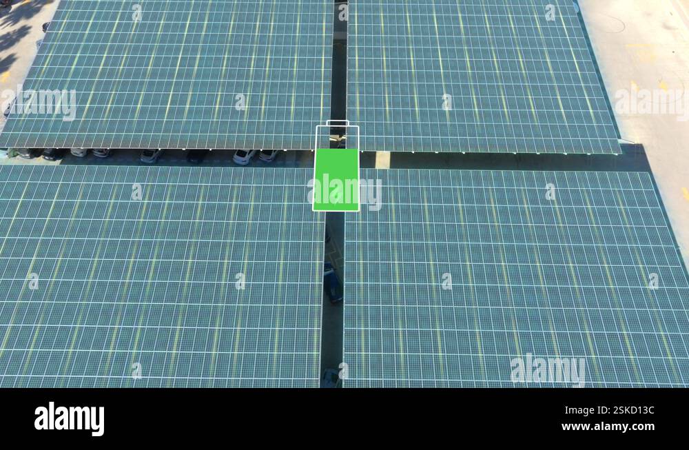 VFX motion graphics overlay of large solar panels on top of parking ...