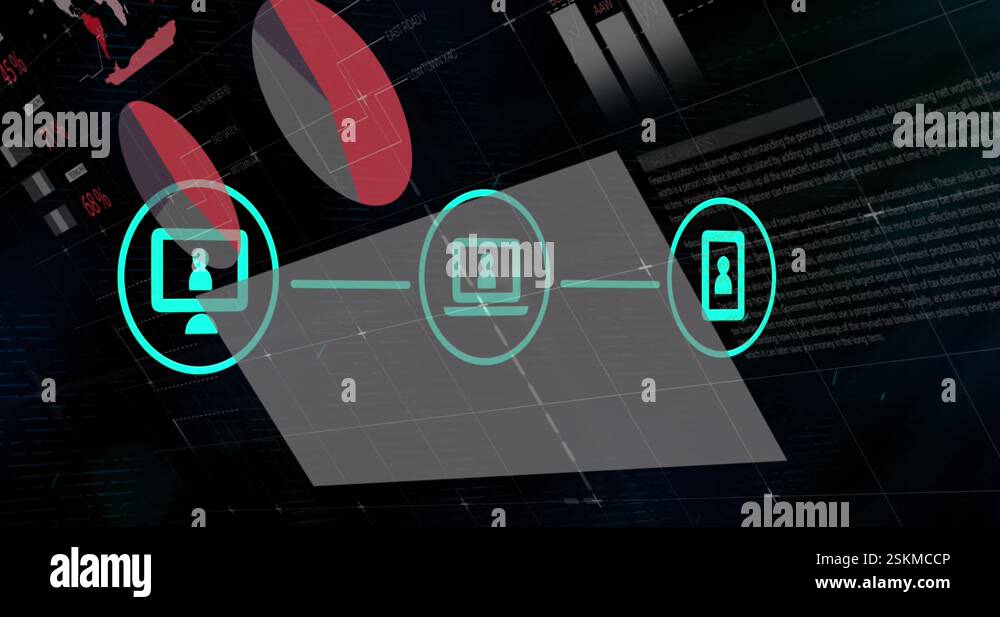 Animation of flowchart of icons with infographic interface over black ...