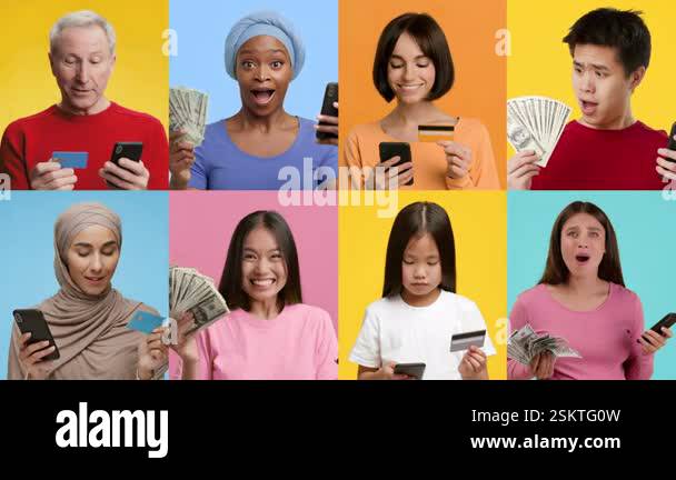 A diverse group of individuals share their excitement while using ...