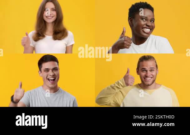 Four young adults display cheerful expressions while giving a thumbs up ...
