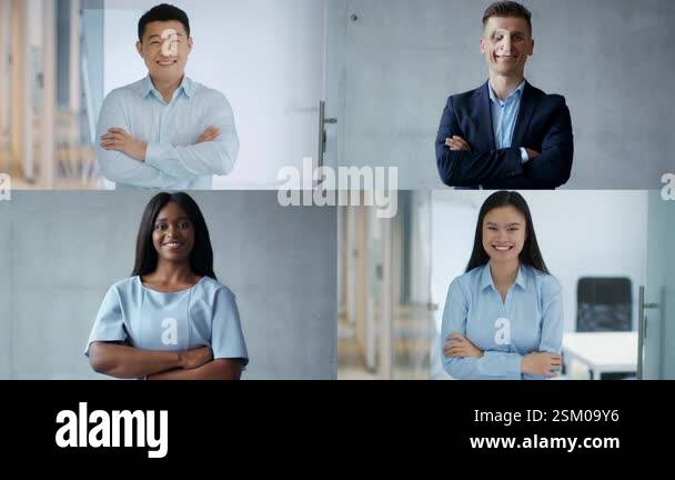 A diverse group of four professionals stands confidently with arms ...