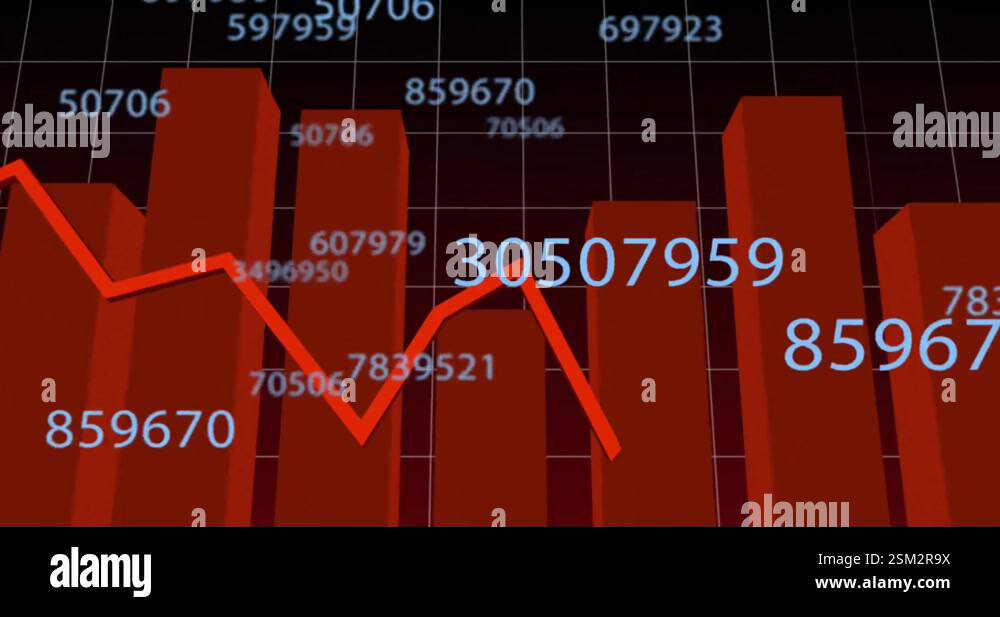 Animation of changing numbers with graphs on grid pattern over black ...