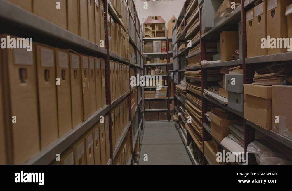 Focus rack of long aisle of archive with a lot of files Stock Video ...