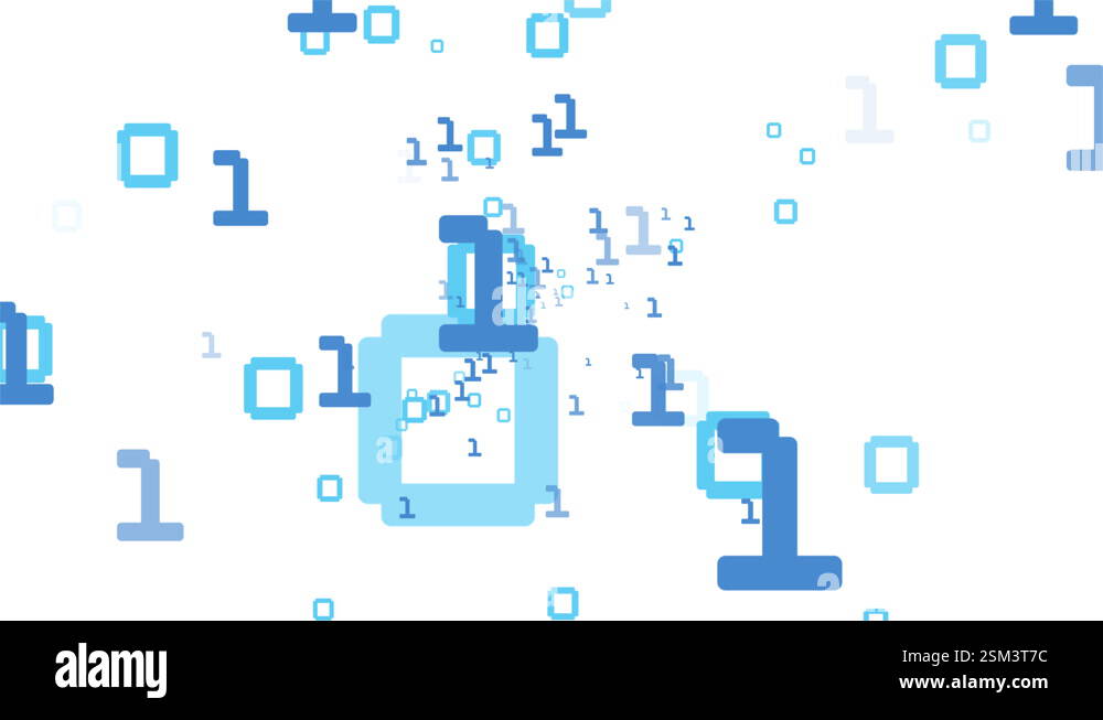 Blue binary numbers on white background, zero one random bits transfer ...