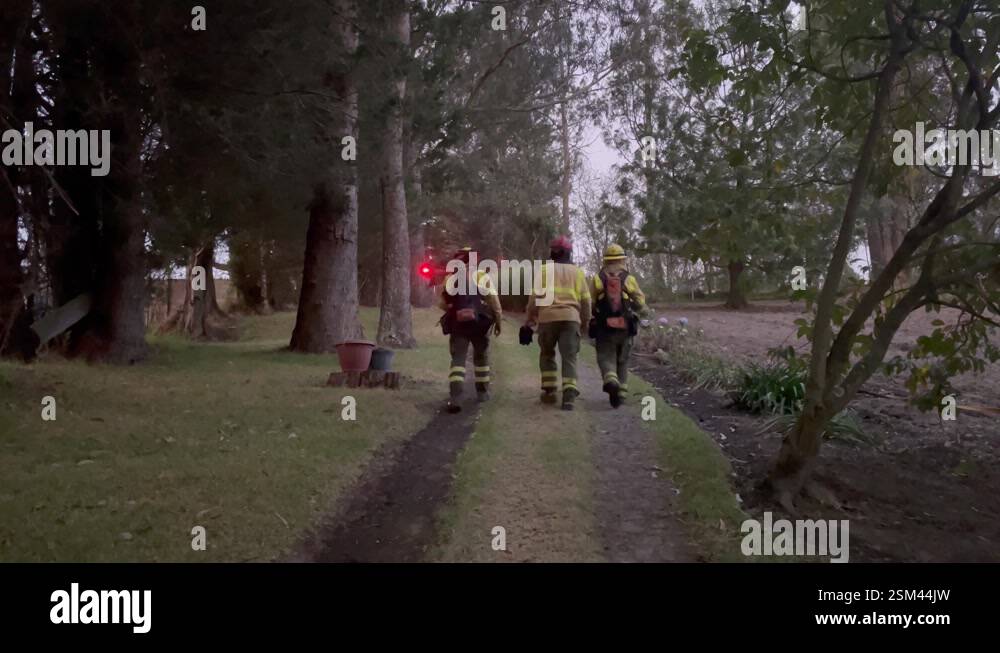 Three fireman are walking uphill towards their firetruck with red ...