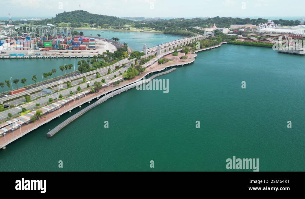 Aerial of the bridge to Sentosa Island in Singapore, officially known ...