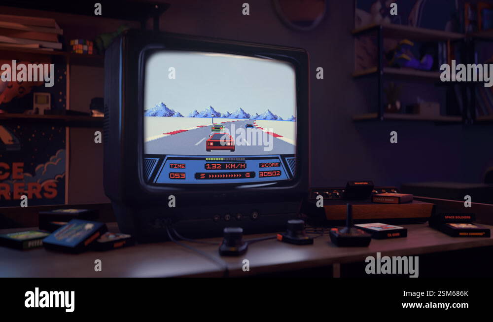 Playing the retro gaming nostalgia driving simulator on the old-school ...