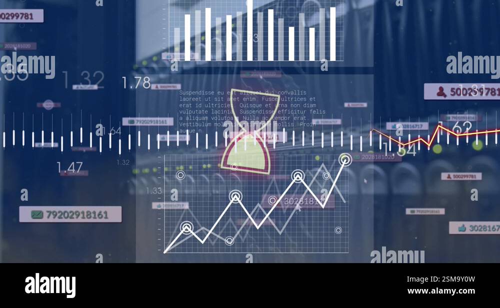 Animation of interface with data processing and spinning hour glass ...