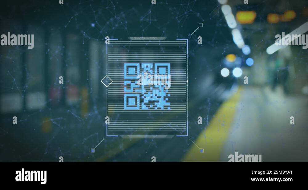 Animation of qr code scanner against blurred view of train arriving at ...