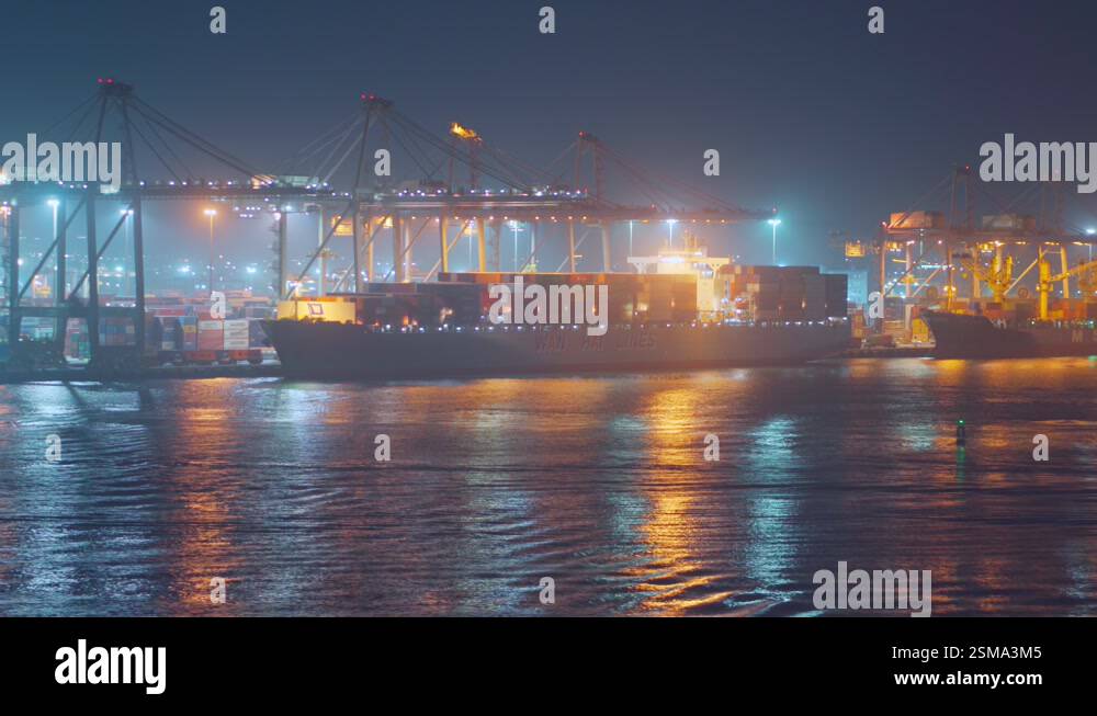 4k, panoramic aerial view, Port cranes and many containers in the port ...