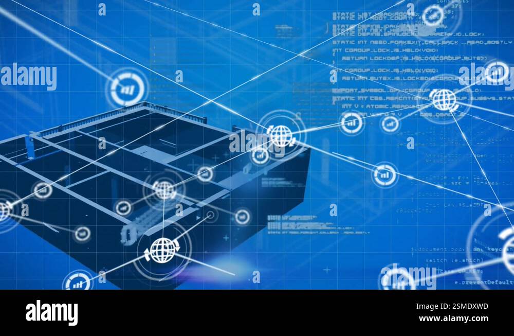 Animation of connected icons, binary codes and computer language over ...