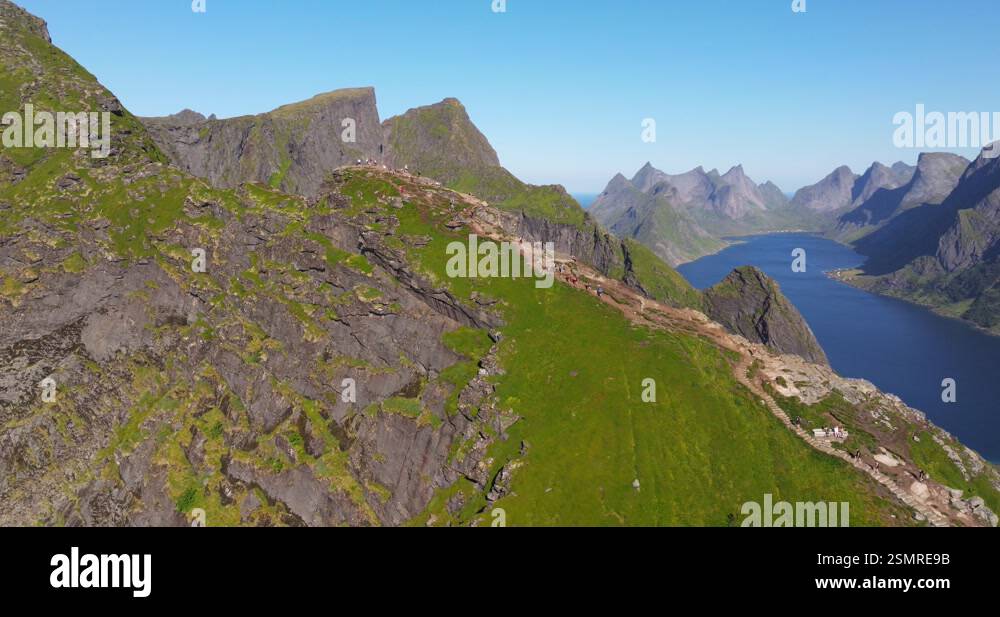 Amazing Orbiting Drone Shot Above Reinebringen, Reine, Norway Stock ...