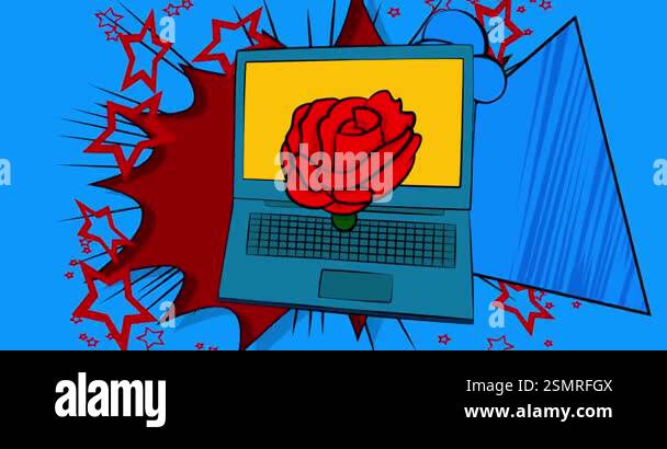 Cartoon Laptop, comic book Notebook with red rose. Retro cartoon comics ...