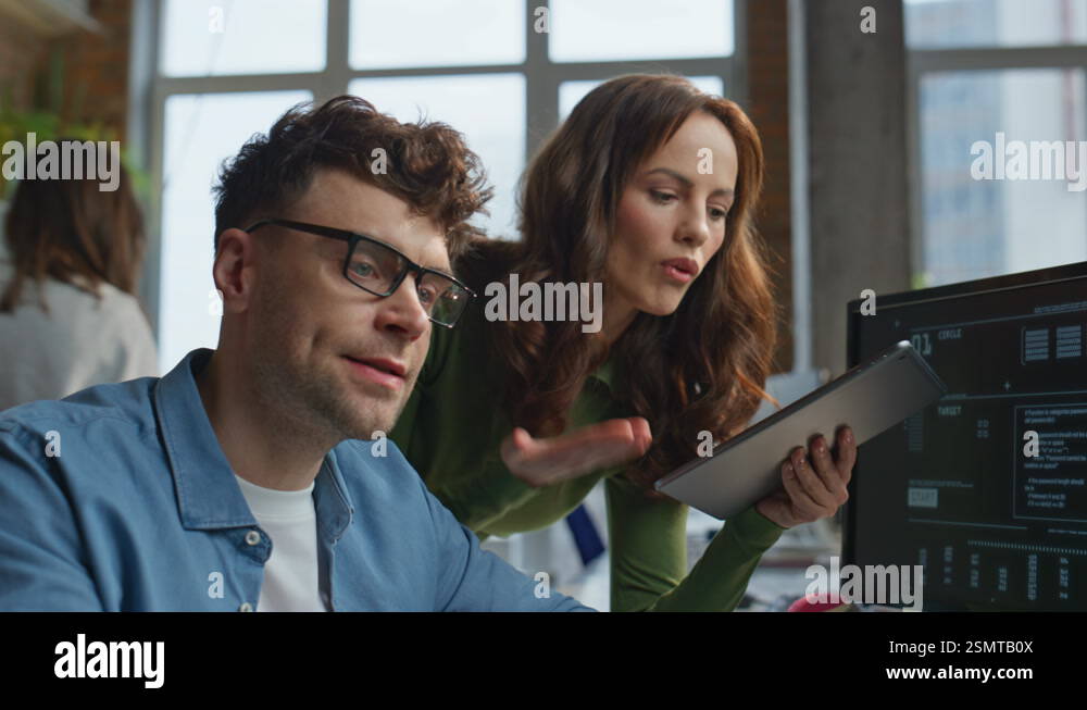 Team video calling computer working office closeup. Businessman pc ...