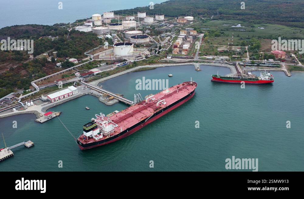 Aerial view to a oil port of oil refinery Lukoil on Black Sea Stock ...