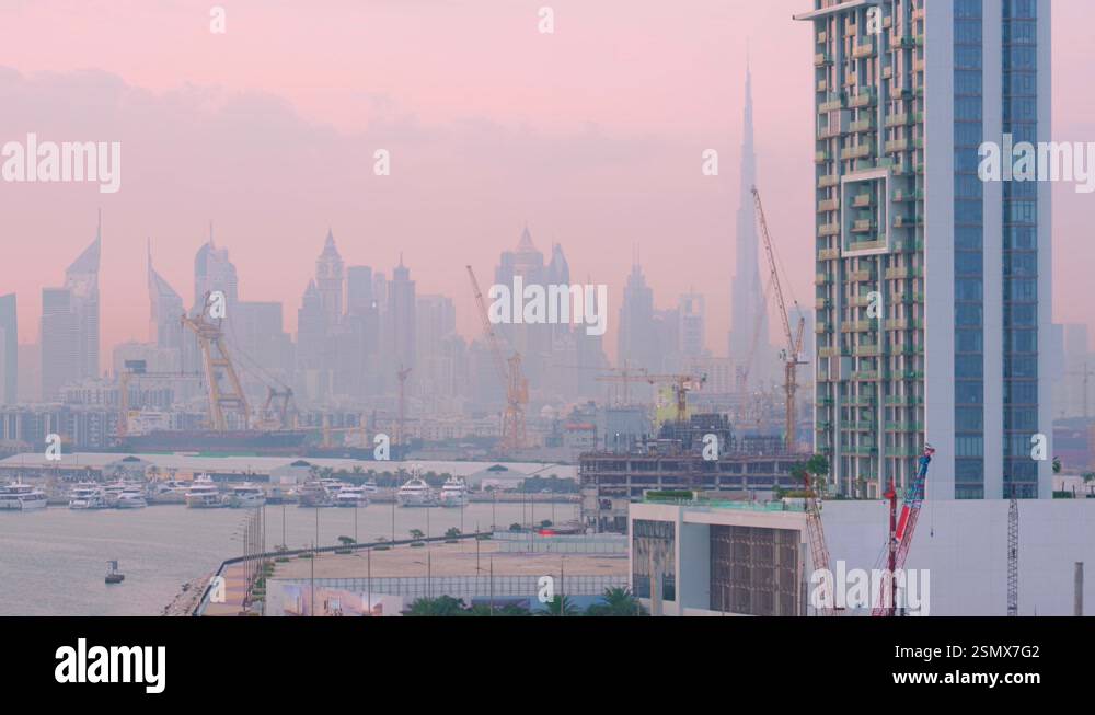 4k Panoramic sea view of Dubai skyscrapers and port facilities in the ...