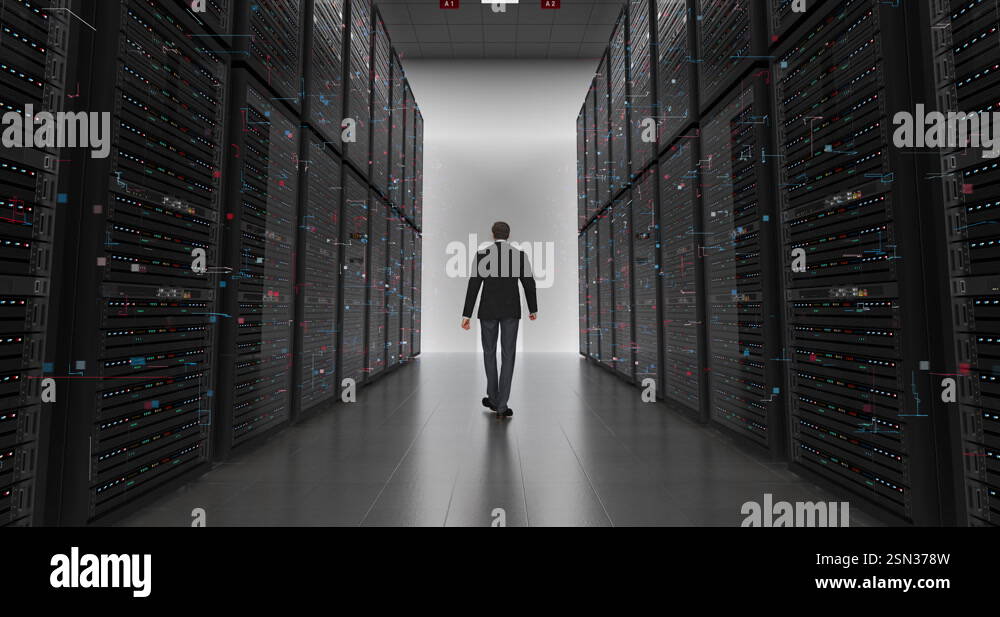 Business Executive in a Suit Leisurely Walking Through Modern Server ...