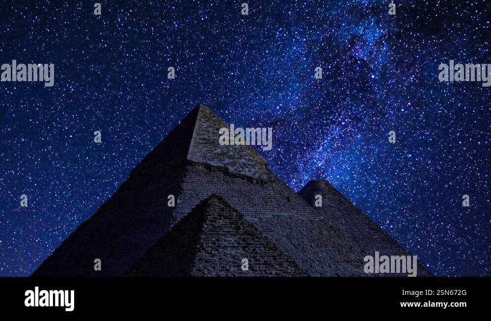 Egypt Pyramids of Giza and Starry Sky Milky Way Galaxy Tilt Down Stock ...