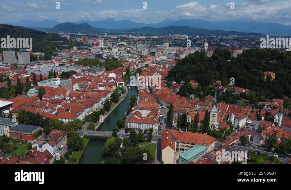View of Cinematic 4K aerial view of Ljubljana Old Town and Ljubljana Castle ...