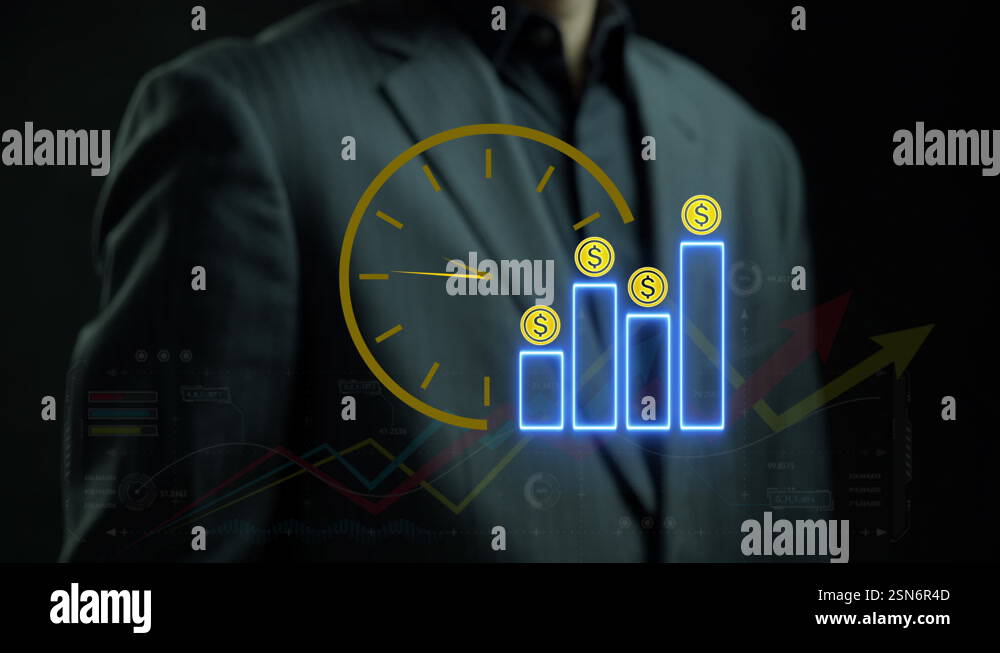 Businessman showing dollar sign graph and chart with wall clock Stock ...