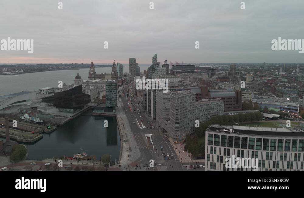 16102024 Liverpool Camera panning over waterfront showing the liver