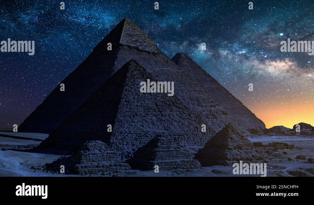 Egypt Pyramids of Giza and Milky Way Galaxy Rising in the Night Sky ...