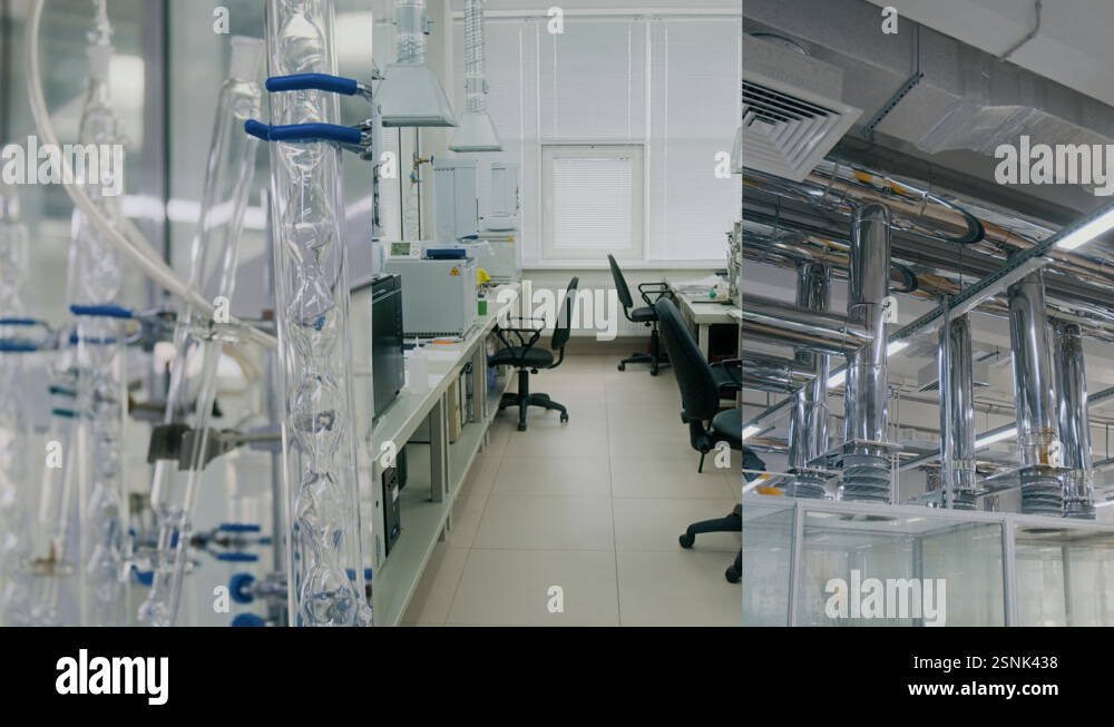 Split Screen of Equipment, Workplaces and Ventilation System in Modern ...