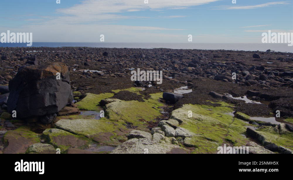 wide shot looking over a rocky beach with sedimentary rocks at low tide ...