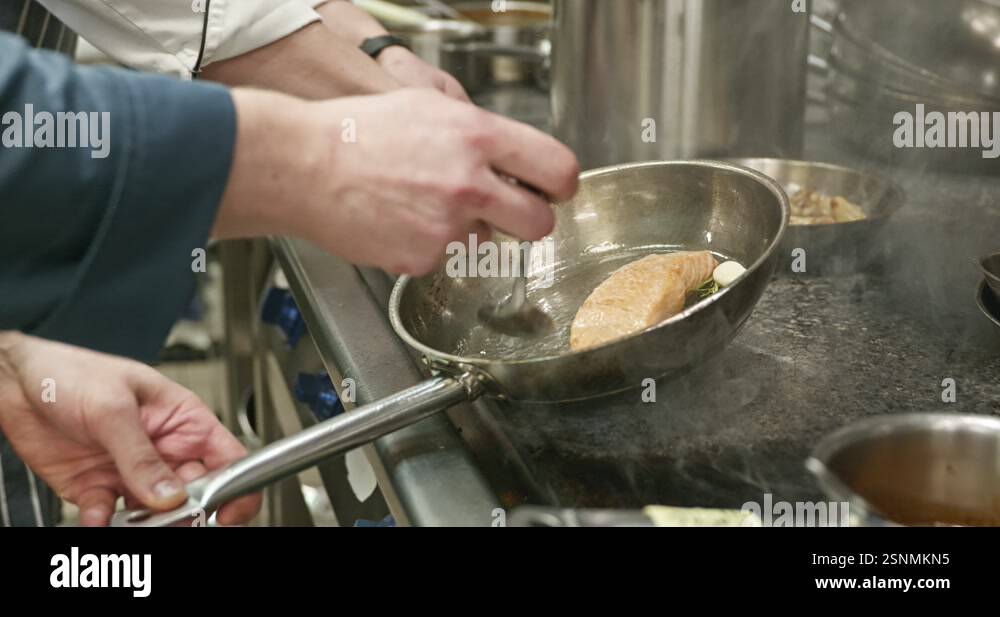White Fish Meat on Frying Pan. Preparation Seafood by Chef Cook at ...