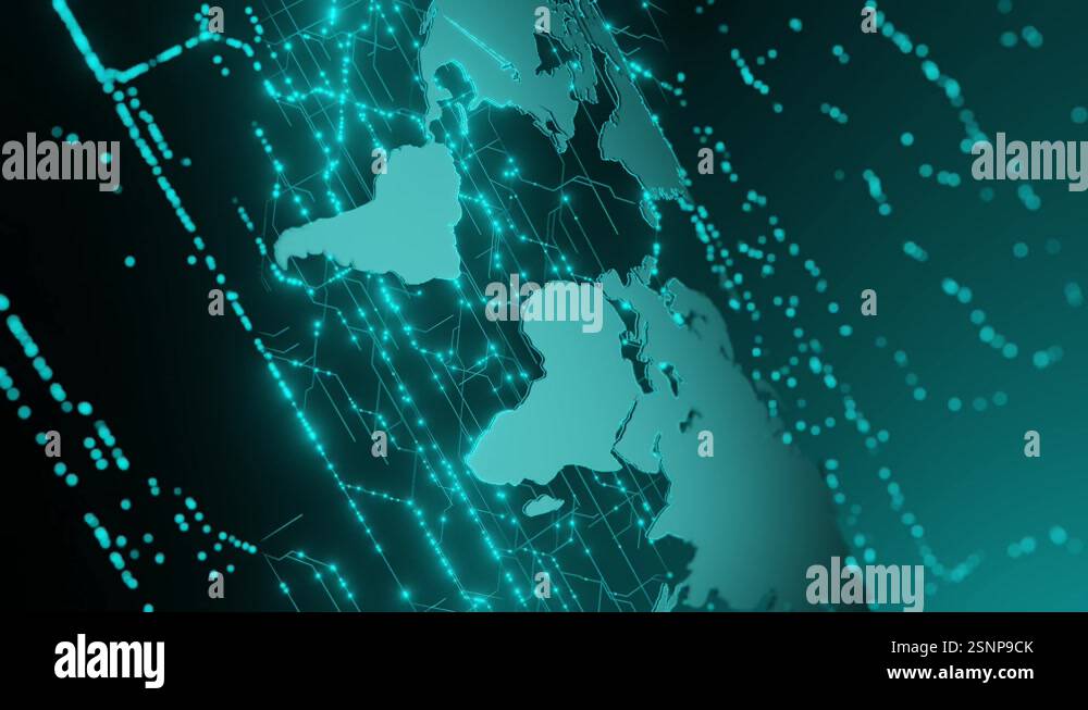 Digital world map with glowing blue network connections on a dark ...