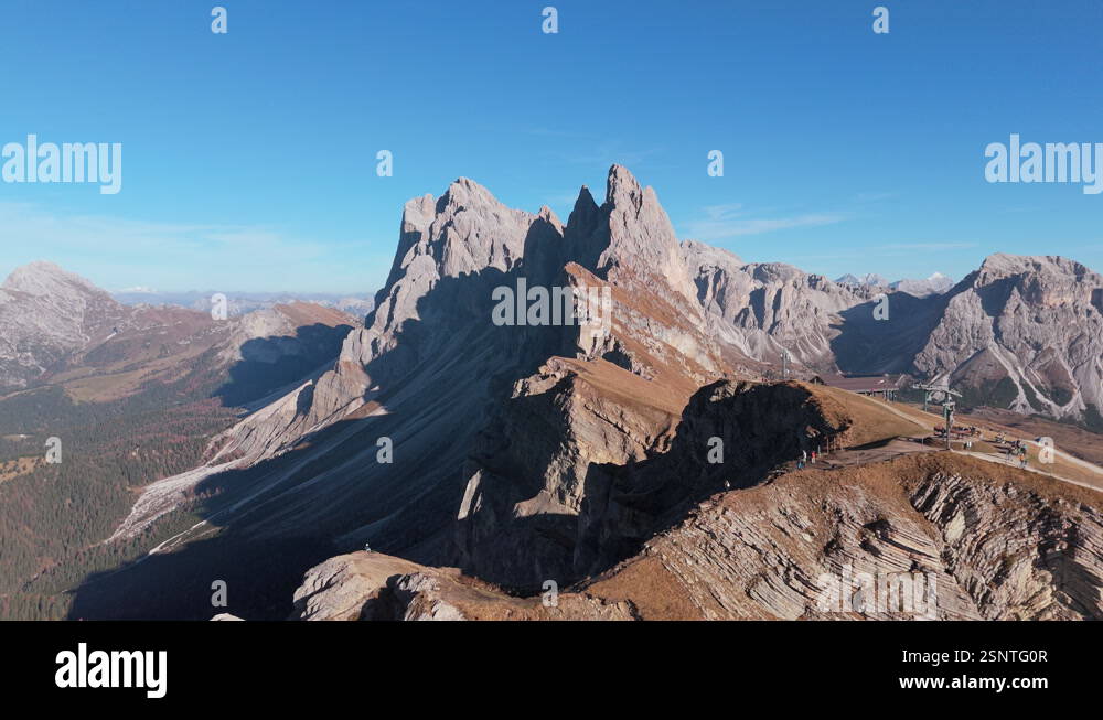 Iconic Seceda Ridgeline with Fermeda Towers, Italian Alps. Drone ...