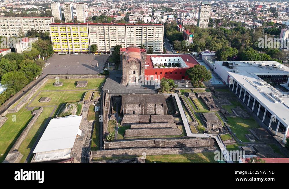 elevation shot of church and aztec pyramid in Tlatelolco mexico city ...