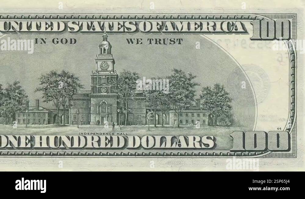 Hundred dollar note reverse dolly shot from right to left showing 100 ...