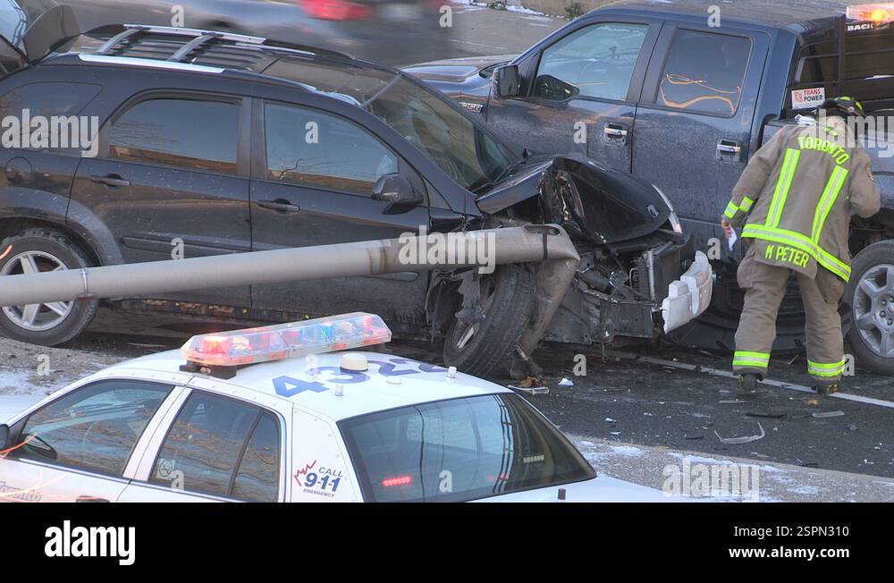 Police at car crash and accident scene on icy street in winter Stock ...
