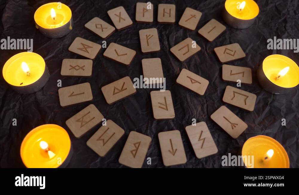 Wooden rune wheel. runic layout and candles, 4k, slow-motion shooting ...