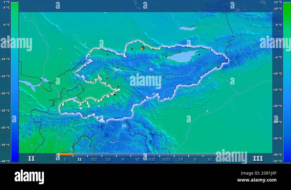 Kyrgyzstan - average temperature, borders and cities Stock Video ...