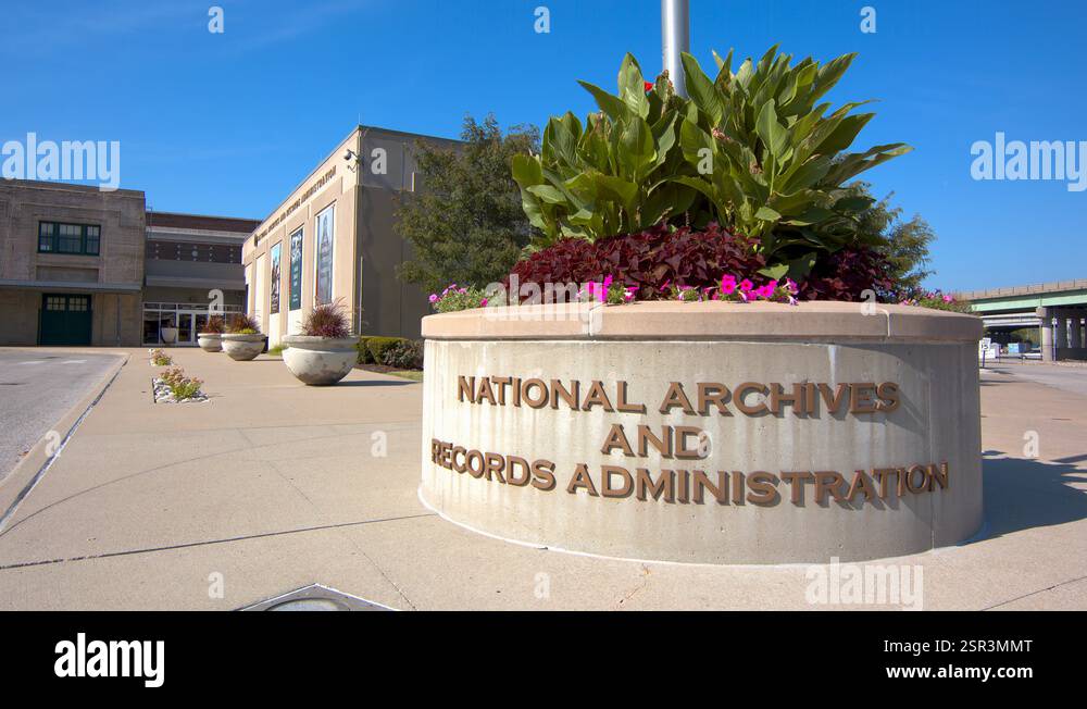 National Archives and Records Administration Sign in Kansas City Stock ...