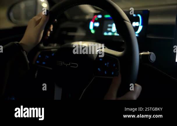 Chisinau, Moldova - January 30, 2025: Steering wheel of BYD Destroyer