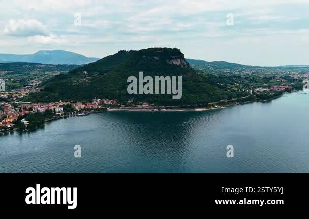 Rocca di Garda, famous promontory on the Italian lake. Aerial shot of ...